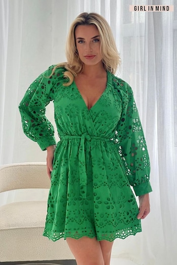 Girl In Mind Green Elowen Broidery Wrap Neck Mini Dress (E62950) | £55