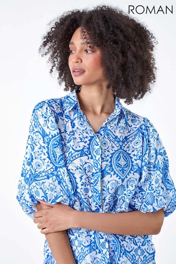 Roman Blue Floral Print Puff Sleeve Shirt (E63522) | £35