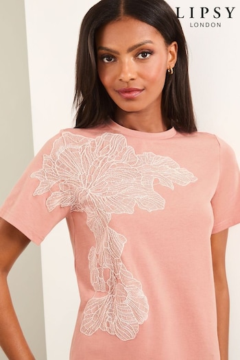 Lipsy Pink Round Neck T-Shirt With Floral Lace Detail (E63773) | £29