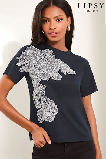 Lipsy Navy Blue Round Neck T-Shirt With Floral Lace Detail (E63782) | £29