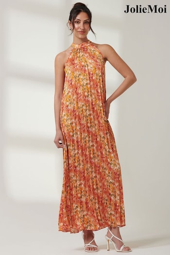 Jolie Moi Orange Halter Neck Pleated Maxi Dress (E64034) | £68