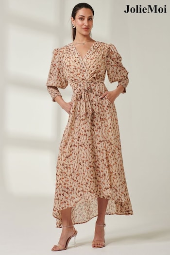 Jolie Moi Brown V-Neck Tie Waist Puff Sleeve Maxi Dress (E64040) | £79