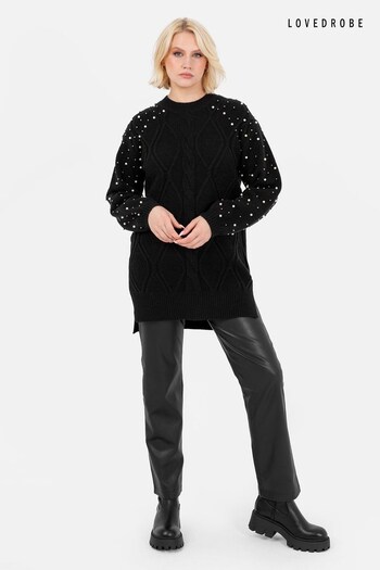 Lovedrobe Pearl Embellished Long Length Cable Knit Jumper (E64117) | £55