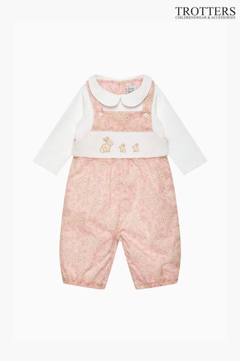 Trotters London Little Pink Liberty Print Capel Bunny Smocked 100% Cotton Dungarees (E64190) | £70