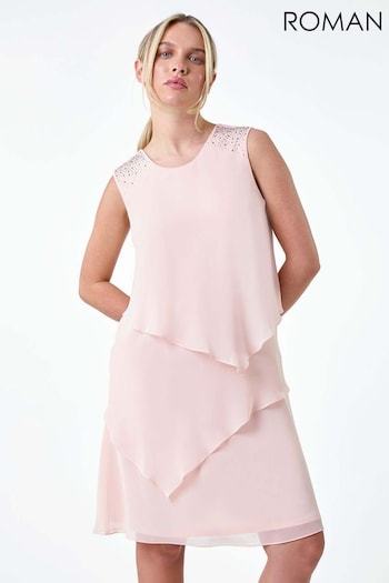 Roman Pink Embellished Tiered Shift Dress (E64234) | £55