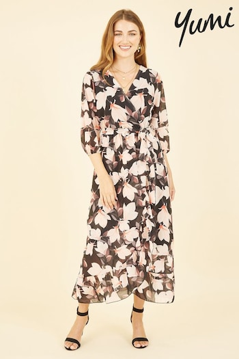 Yumi Multi Blossom Wrap Midi Dress With 3/4 Sleeves (E64288) | £48