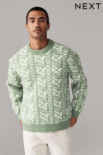 Geometric White/Green Relaxed Fit Brushed Pattern Crew Jumper (E64854) | £42