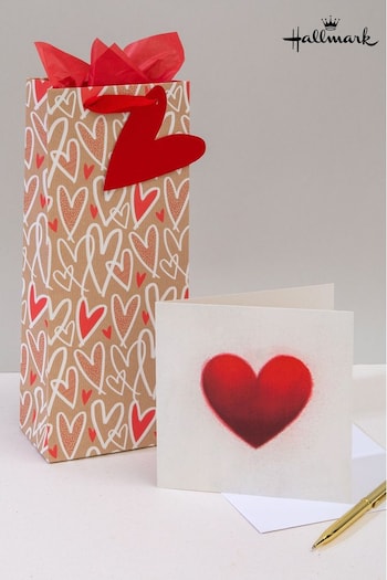 Hallmark Red Heart Design Bottle Bag, Tissue And Card Set (E65882) | £5