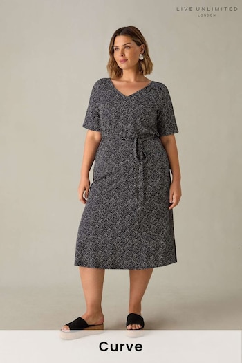 Live Unlimited Curve Mono Dash Print Jersey V-Neck Midi Black Dress (E66182) | £59