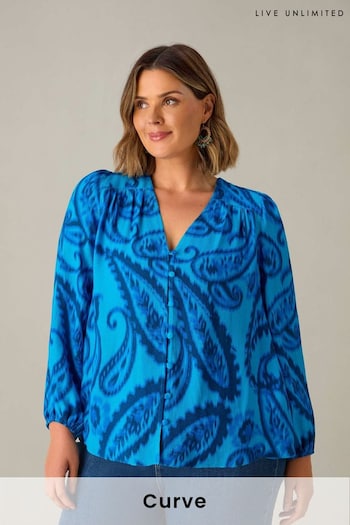 Live Unlimited Blue Curve Paisley V-Neck Button Blouse (E66188) | £69