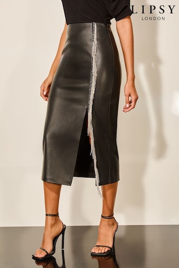 Lipsy Black Faux Leather Diamante Tassle Midi Skirt (E66262) | £52