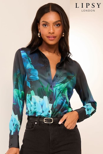 Lipsy Blue Printed Long Sleeve Satin Shirt (E66363) | £42