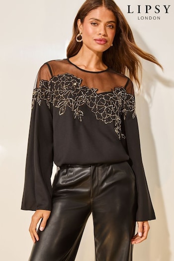 Lipsy Black Gold Beaded Yoke Detail Blouse (E66374) | £59