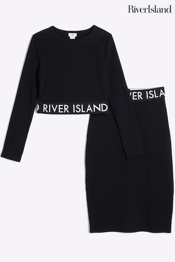 River Island Black Girls Ribbed Midi Skirt Set (E66602) | £18