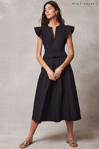 Mint Velvet Black Cotton Ruffle Midi Dress (E66715) | £139