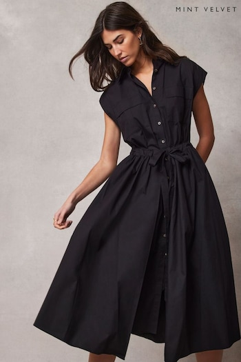Mint Velvet Black Cotton Midi chest Shirt Dress (E66728) | £139