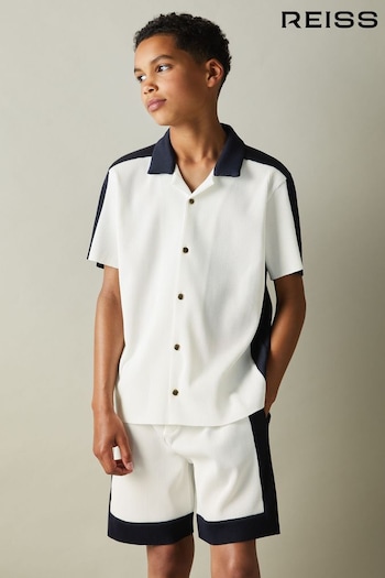 Reiss Optic White/Navy Castro Colourblock Plisse Cuban Collar Shirt (E67153) | £34