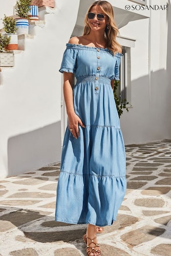 Sosandar Blue Denim Shirred Waist Bardot Fit & Flare Maxi Dress Styles (E68426) | £75