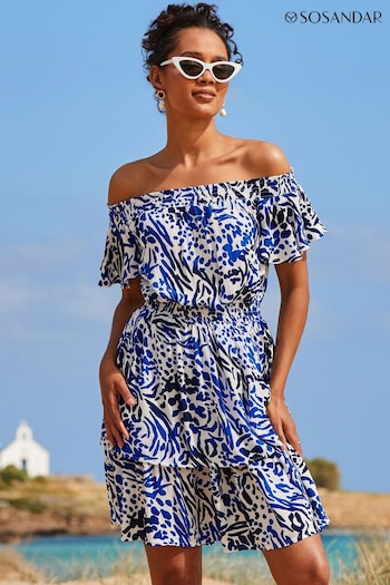 Sosandar Blue Animal Print Frill Detail Bardot Crinkle Dress (E68429) | £49