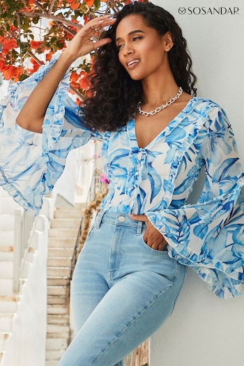 Sosandar Blue Floral Print Ruffle Detail Blouse (E68438) | £49