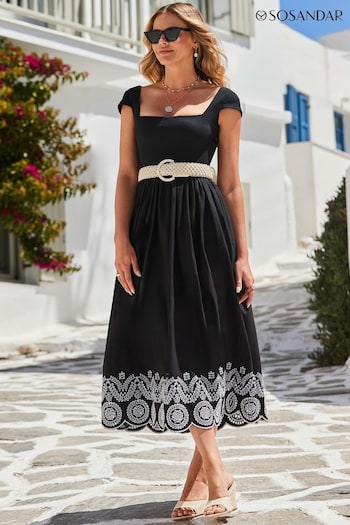 Sosandar Black Embroidered Hem Square Neckline Jersey Midi Dress (E68457) | £75