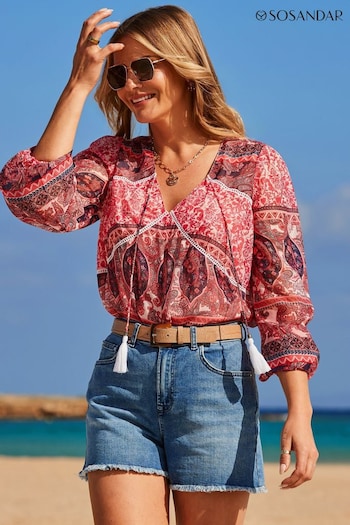 Sosandar Pink Scarf Print Blouson Sleeve Tassel Detail Blouse (E68773) | £45