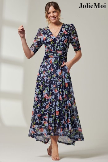 Jolie Moi Blue V-Neck Short Sleeve Mesh Maxi Dress (E70017) | £60