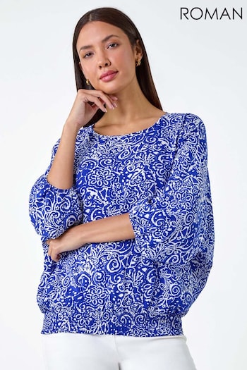 Roman Blue Printed Balloon Sleeve Shirred Hem Top (E70059) | £32