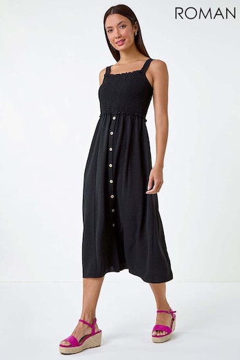 Roman Black Plain Shirred Button Detail Midi Dress (E70096) | £42