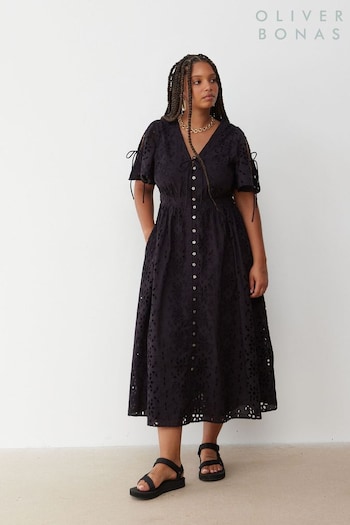 Oliver Bonas Black Broderie Tie Sleeve Midi Dress (E70260) | £95