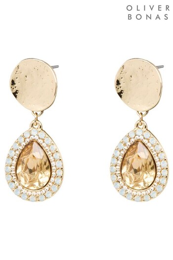 Oliver Bonas Gold Tone Kitty Circular Disc & Glass Stone Drop Earrings (E70309) | £18