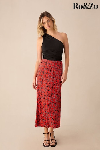 Ro&Zo Petite Red Blurred Floral Print Bias Cut Maxi Skirt (E71345) | £69