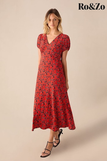 Ro&Zo Red Blurred Floral Print Puff Sleeve Midi Dress (E71346) | £89