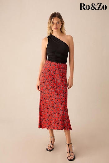 Ro&Zo Petite Red Blurred Floral Print Bias Cut Maxi Skirt (E71347) | £69