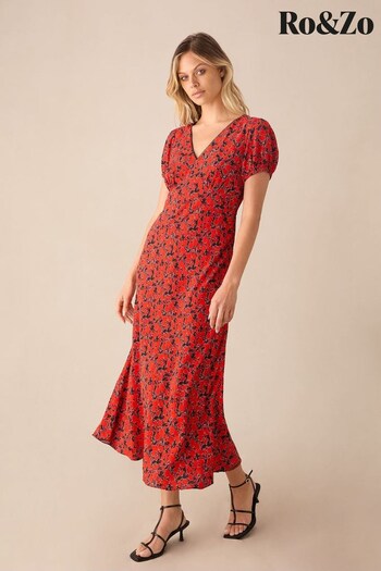 Ro&Zo Red Blurred Floral Print Puff Sleeve Midi Dress (E71356) | £89