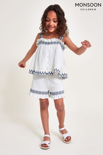 Monsoon White Embroidered Frill Top and Shorts Set (E71401) | £36 - £41