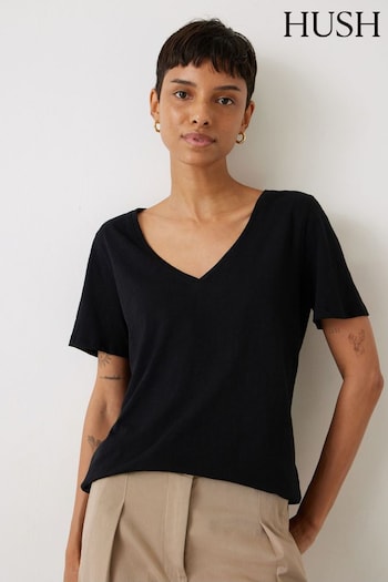 Hush Black Kali Cotton Slub V-Neck T-Shirt (E72524) | £29