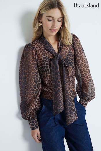 River Island Brown Leopard Print Bow Blouse (E72869) | £42