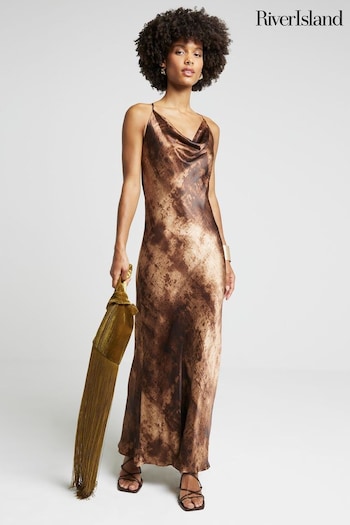 River Island Brown V-Neck Floral Slip Dress (E72901) | £60