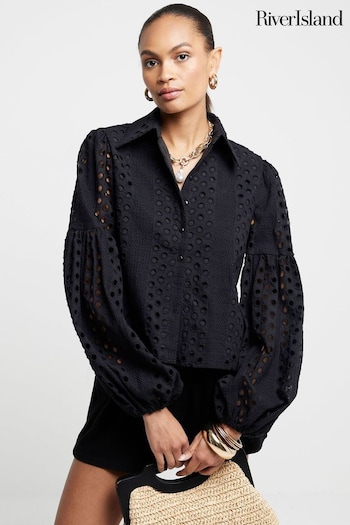 River Island Black Broderie Puff Sleeve Shirt (E73005) | £46