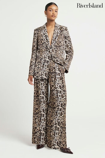 River Island Brown Leopard Print Wide Leg Tailored Trousers (E73071) | £40