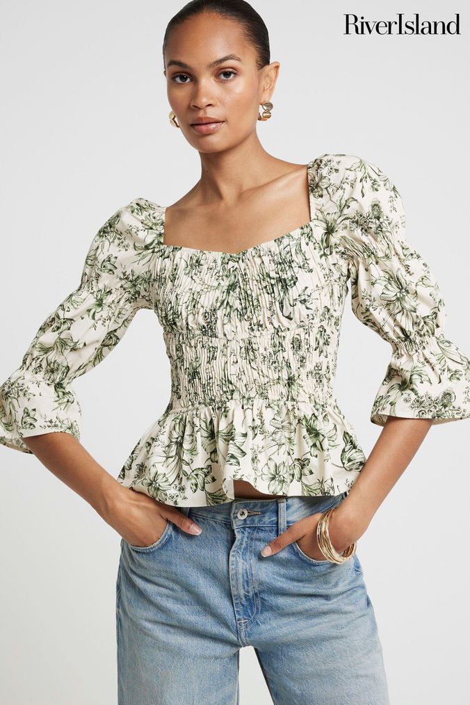 Buy Women s Green Puff Sleeve Square Neck Tops Online Next UK