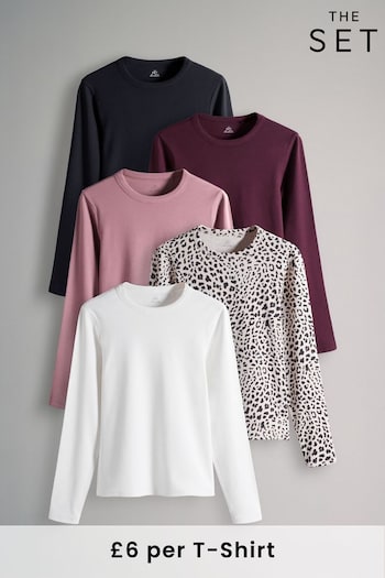 The Set Black/Cream/Berry Red/Mauve Pink/Leopard Print 5 Pack Ribbed Long Sleeve T-Shirts (E73782) | £32.50