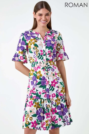 Roman Purple Floral Frill 100% Cotton Shirt Dress (E74203) | £45