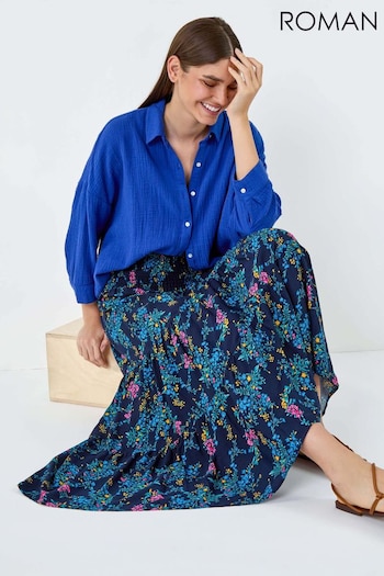 Roman Blue Floral Shirred Waist Tiered Maxi Skirt (E74207) | £38