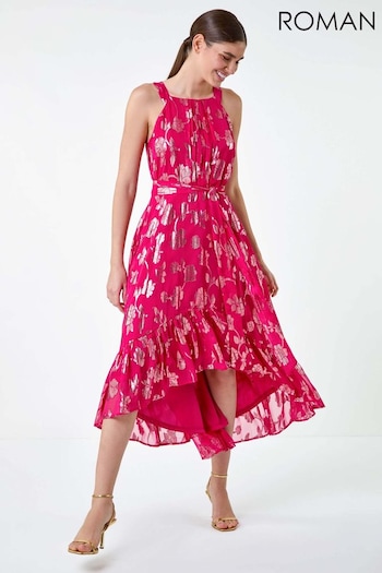 Roman Pink Metallic Floral Halter Neck Midi Dress (E74218) | £70