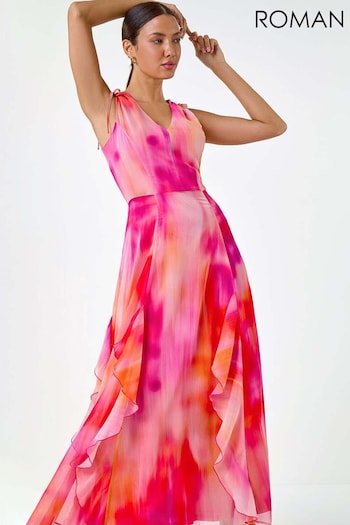 Roman Pink Abstract Print Frill Maxi Dress (E74219) | £70