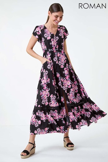 Roman Pink Floral Print Shirred Waist Maxi Dress Bermuda (E74225) | £50