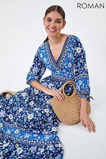 Roman Blue Floral Print Frill Hem Maxi Dress (E74232) | £50