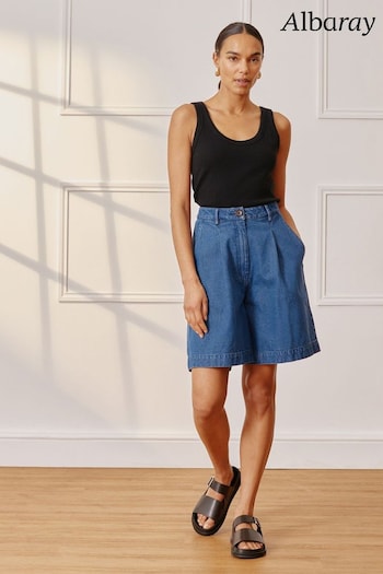 Albaray Blue Pleat Longer 100% Cotton Denim Shorts (E74281) | £65